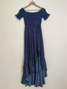 mi ami Navy Blue Floral Smocked Dress